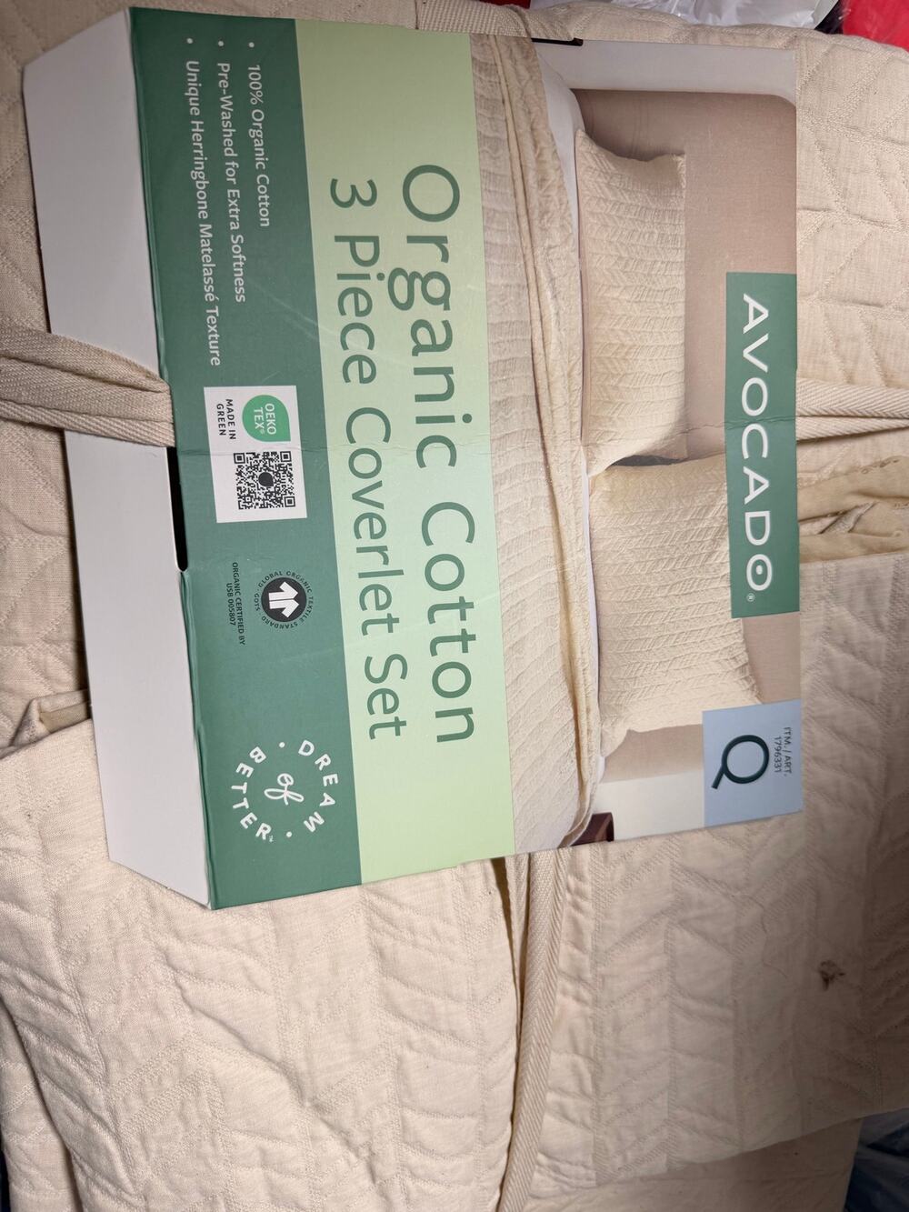 Avocado Organic Cotton 3-Piece Queen Coverlet Set – Neutral Herringbone – New